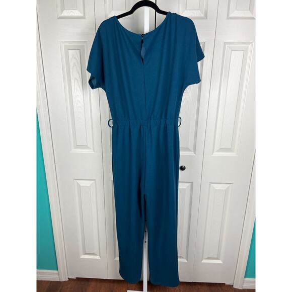 Shein Womens Round Neck Flutter Sleeve Blue Career Belt Looped Jumpsuit Medium - Picture 5 of 8
